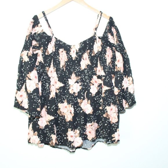 Torrid Floral Challis Cold Shoulder Blouse Black Top Smocked Size 4 4X H13469 - Picture 5 of 11